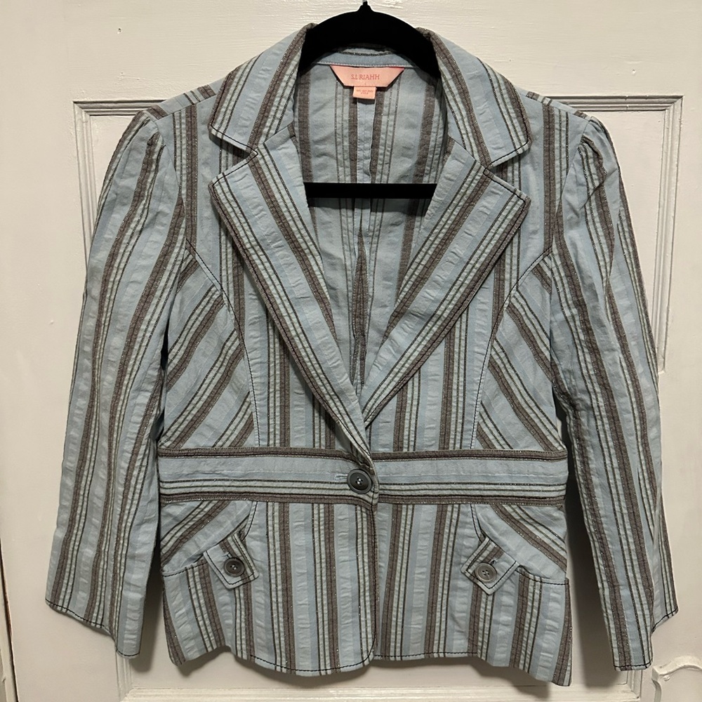 S.L. RIAHH Blue & Gray Striped Casual Mid-Length Blazer Jacket w/Front Pockets